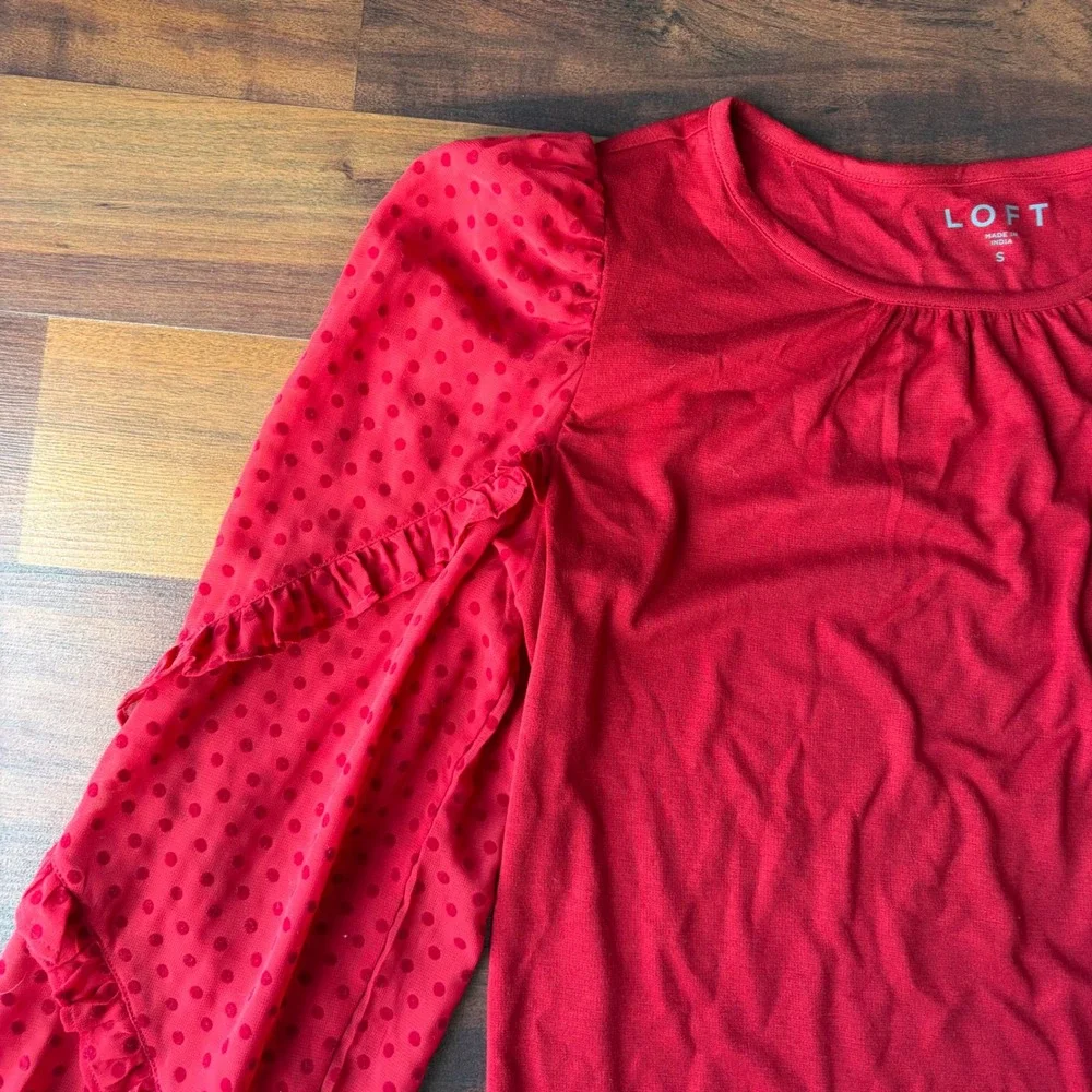 LOFT Red Romantic Polka Dot Ruffle‎ Sleeve Gathered Neck Top Size S